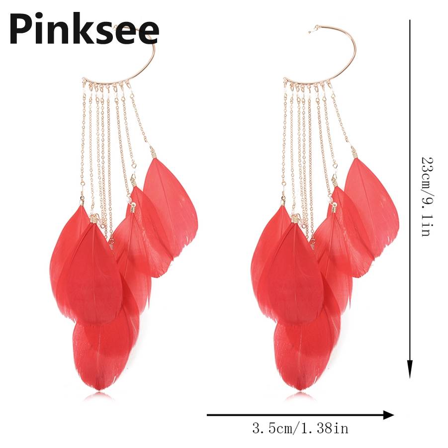 Tre Green Feather Long Tassels Cuff Clip Earrings Ear hook Without Piercing Crawlers Women Ear Cuff Fashion Jewelry