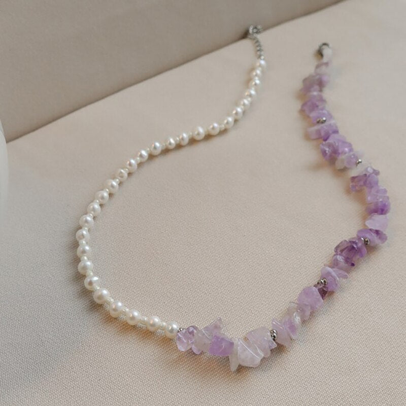 Trendy Half Amethyst Half Pearl Beaded Necklace Light Purple Chip Raw Crystal Choker Y2k Jewelry Girls FYP Outfit Fall Accessory