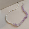 Trendy Half Amethyst Half Pearl Beaded Necklace Light Purple Chip Raw Crystal Choker Y2k Jewelry Girls FYP Outfit Fall Accessory