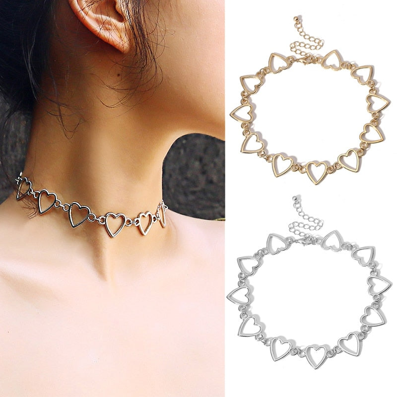 Trendy Hollow Heart Link Chain Choker Necklaces for Women Golden Necklace Statement Chain Necklace Jewelry Party Gift Girls