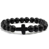 Trendy Jesus Cross Charm Blue Turquoises Men Bracelet Black Lava Stone 8mm White Beads Bracelets Bangles for Women Yoga Jewelry
