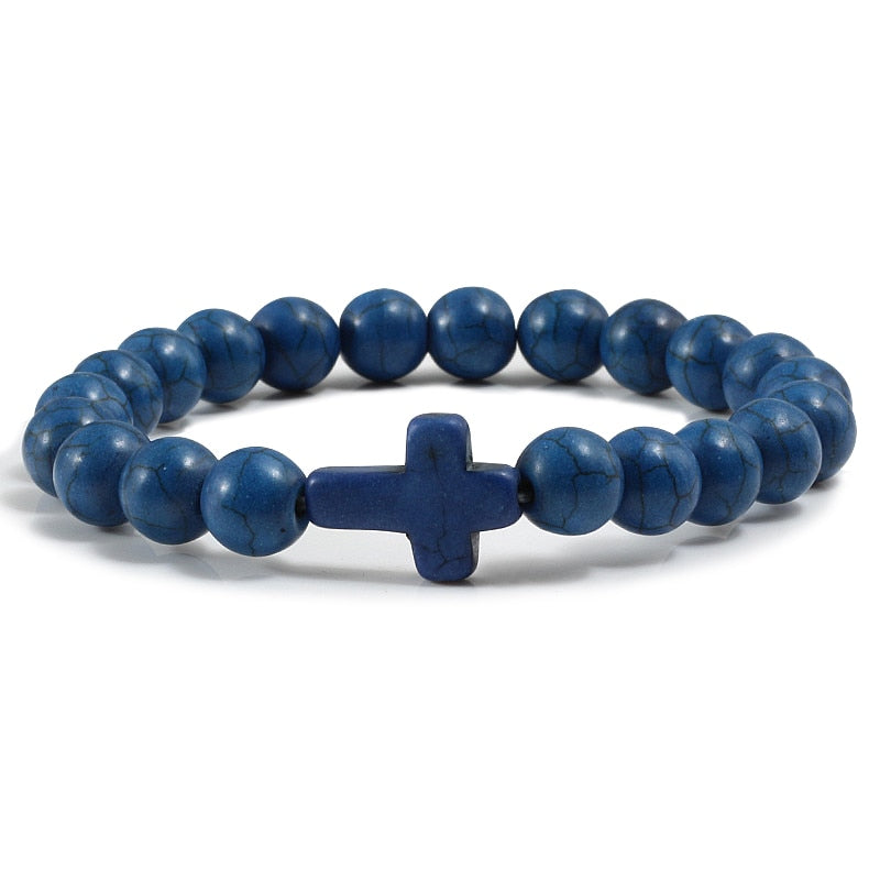 Trendy Jesus Cross Charm Blue Turquoises Men Bracelet Black Lava Stone 8mm White Beads Bracelets Bangles for Women Yoga Jewelry