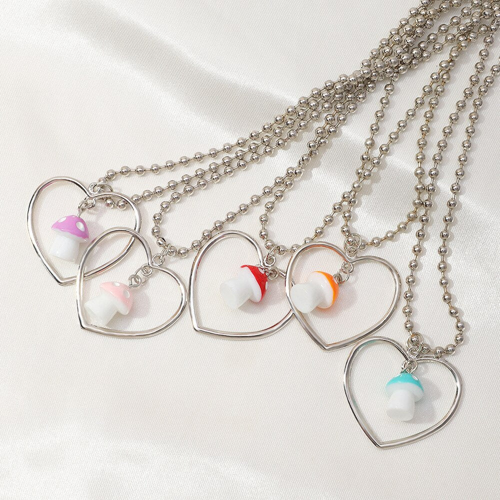 Trendy Love Mushroom Pendant Necklaces Cute Womens Alloy Bead Chain Heart Choker Necklaces Jewelry For Girls