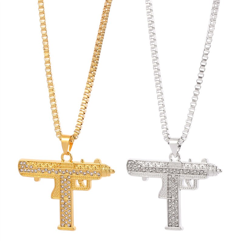 Trendy Men’s Jewelry Hip Hop Necklace Rhinestone Uzi Gun Pendant Necklace Long Cuban Chain Men’s and Women’s Bar Jewelry Jewelry