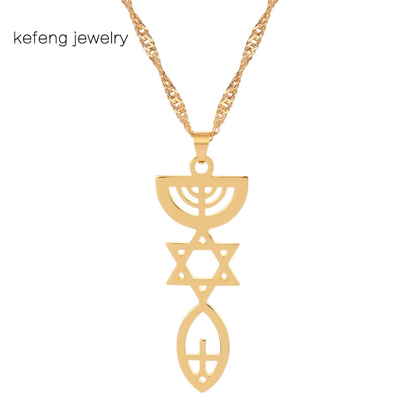 Trendy Messianic Necklace Holy Land Menorah Hexagram Pendant Necklace Israel Hanukiah Chanukkiyah Jewelry Men Women Party Gift