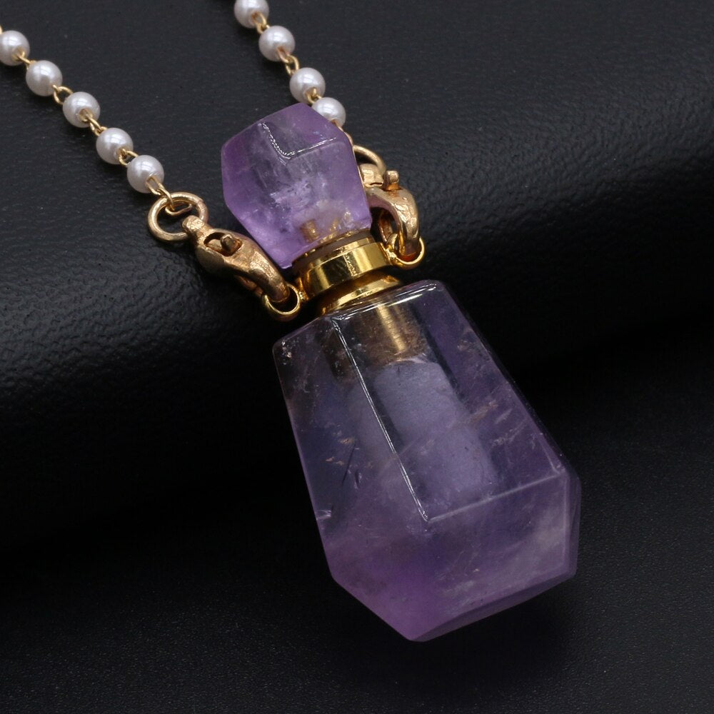 Trendy Natural Gold Color Pearl Chains Necklace Amethysts Perfume Bottle Necklace Jewelry for Female Reiki Heal Gifts