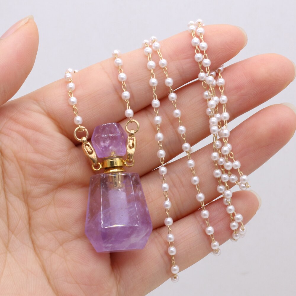 Trendy Natural Gold Color Pearl Chains Necklace Amethysts Perfume Bottle Necklace Jewelry for Female Reiki Heal Gifts