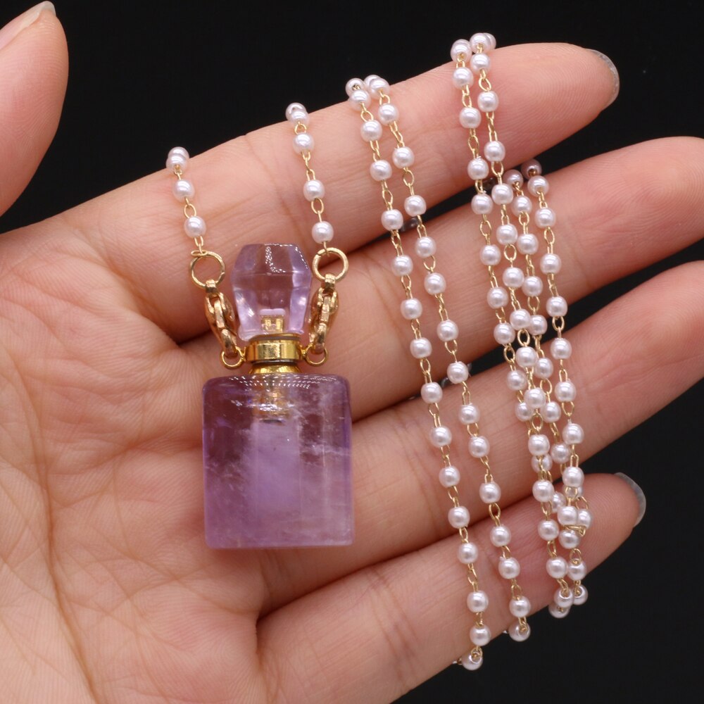 Trendy Natural Gold Color Pearl Chains Necklace Amethysts Perfume Bottle Necklace Jewelry for Female Reiki Heal Gifts