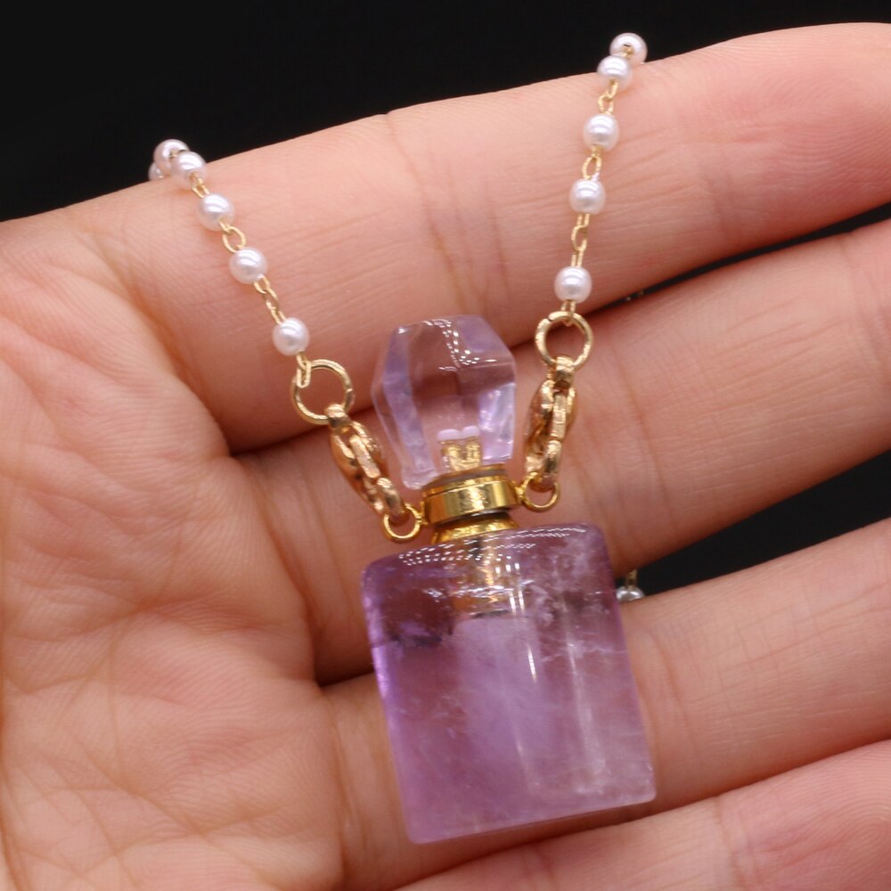 Trendy Natural Gold Color Pearl Chains Necklace Amethysts Perfume Bottle Necklace Jewelry for Female Reiki Heal Gifts