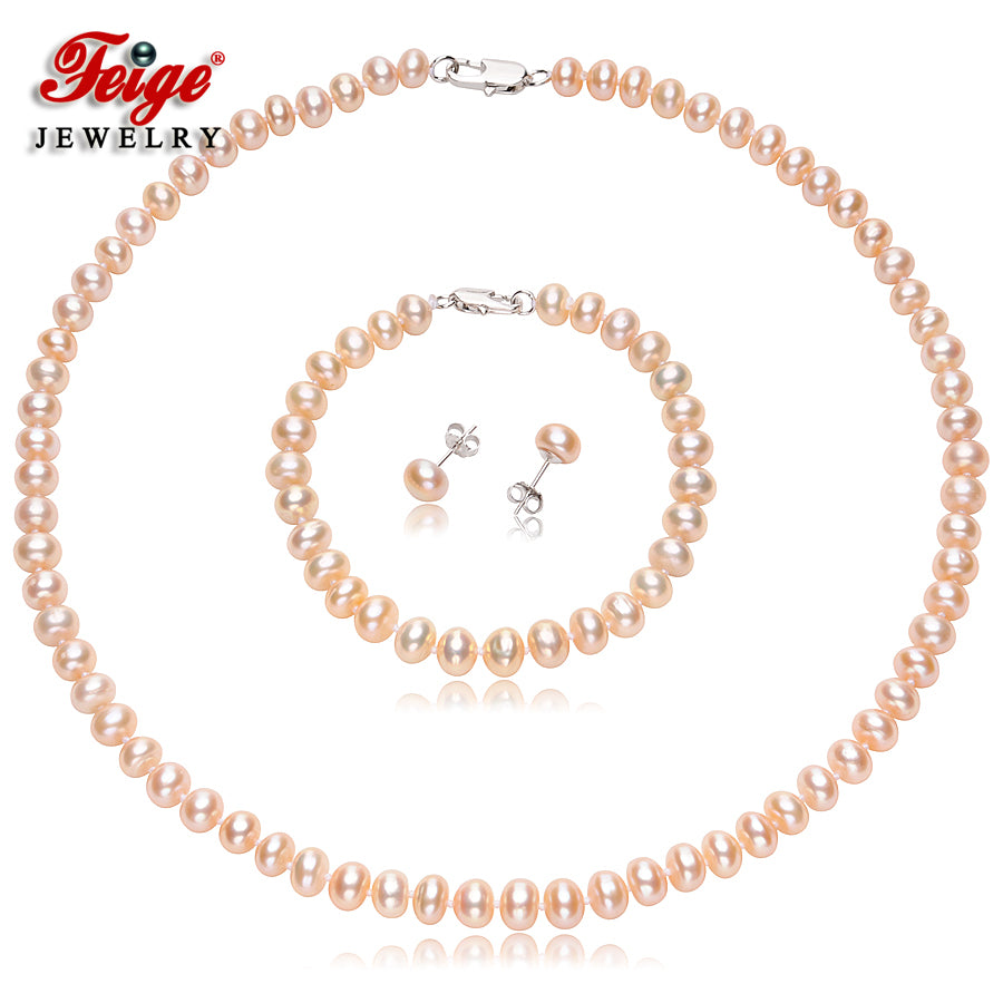 Trendy Natural Pink Pearl Necklace Jewelry Sets for Lady Engagement Gifts 7-8MM Pearls 925 Silver Earrings Set FEIGE