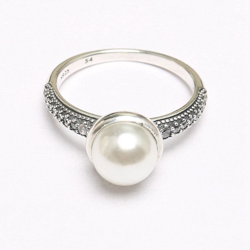 Trendy Original Authentic 925 Sterling Silver Large Pure White Pearl Ring For Women Wedding Engagement Gift Fine Pandora Jewelry