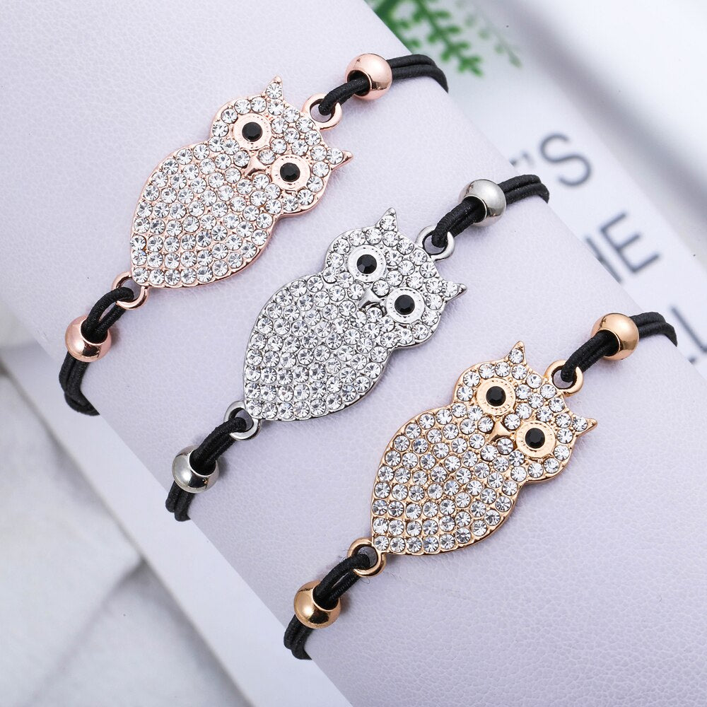 Trendy Owl Bracelet Gold Silver Color Crystal Pendant Adjustable Elastic Rope Chain Bracelets For Woman Jewelry Gift New