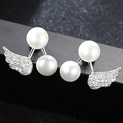 Trendy Silver 925 Jewelry Double Natural Pearls Earrings Angle Wing Stud Earrings For Women Party Box Free As Gift