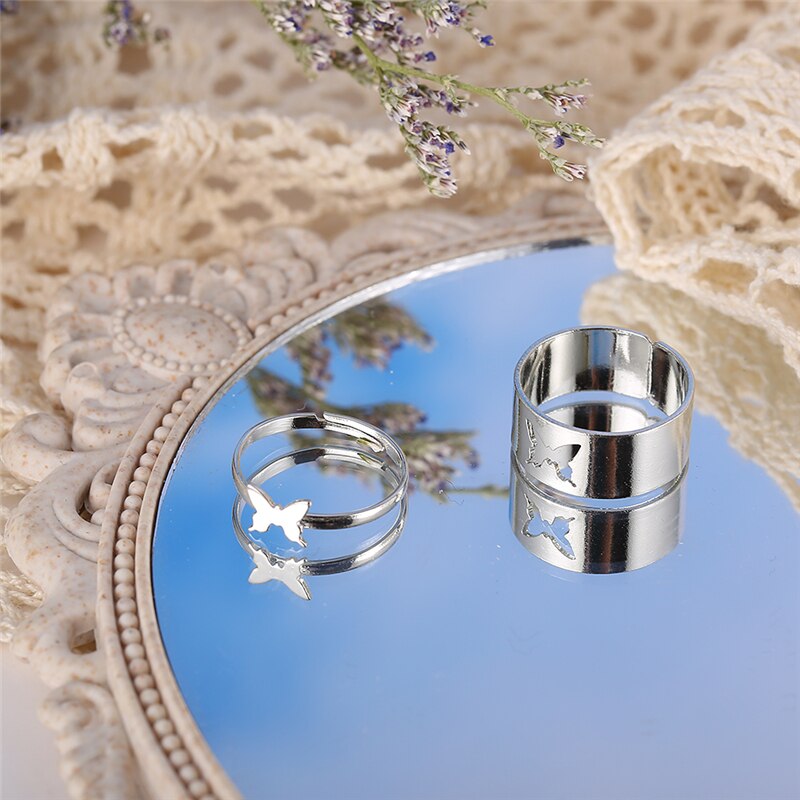 Trendy Silver Color Heart Butterfly Rings Set For Women Men Moon Star Dolphin Adjustable Open Finger Rings Set Party Jewelry