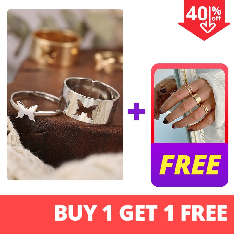 Trendy Silver Color Heart Butterfly Rings Set For Women Men Moon Star Dolphin Adjustable Open Finger Rings Set Party Jewelry