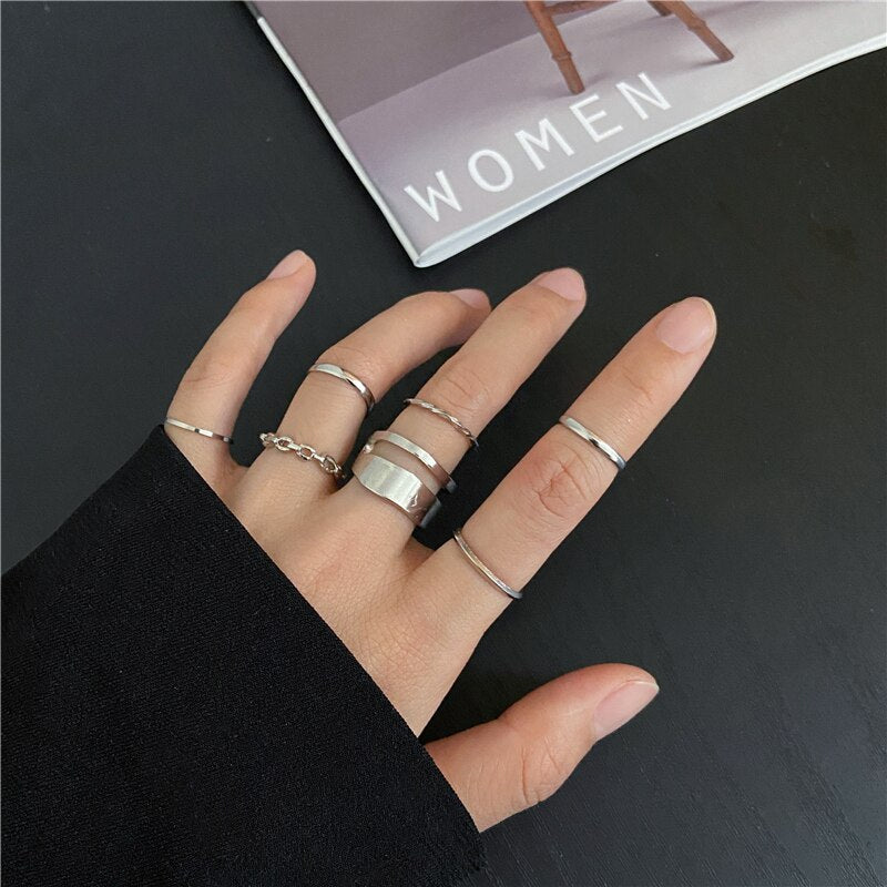 Trendy Silver Color Heart Butterfly Rings Set For Women Men Moon Star Dolphin Adjustable Open Finger Rings Set Party Jewelry