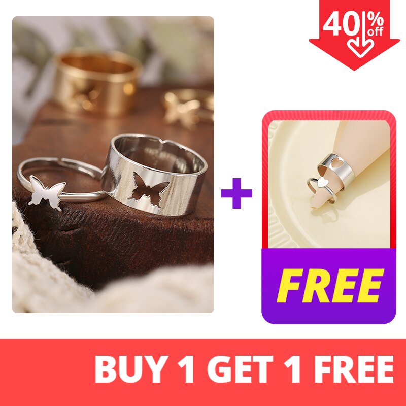 Trendy Silver Color Heart Butterfly Rings Set For Women Men Moon Star Dolphin Adjustable Open Finger Rings Set Party Jewelry