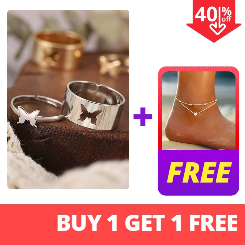 Trendy Silver Color Heart Butterfly Rings Set For Women Men Moon Star Dolphin Adjustable Open Finger Rings Set Party Jewelry