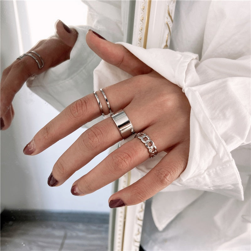 Trendy Silver Color Heart Butterfly Rings Set For Women Men Moon Star Dolphin Adjustable Open Finger Rings Set Party Jewelry