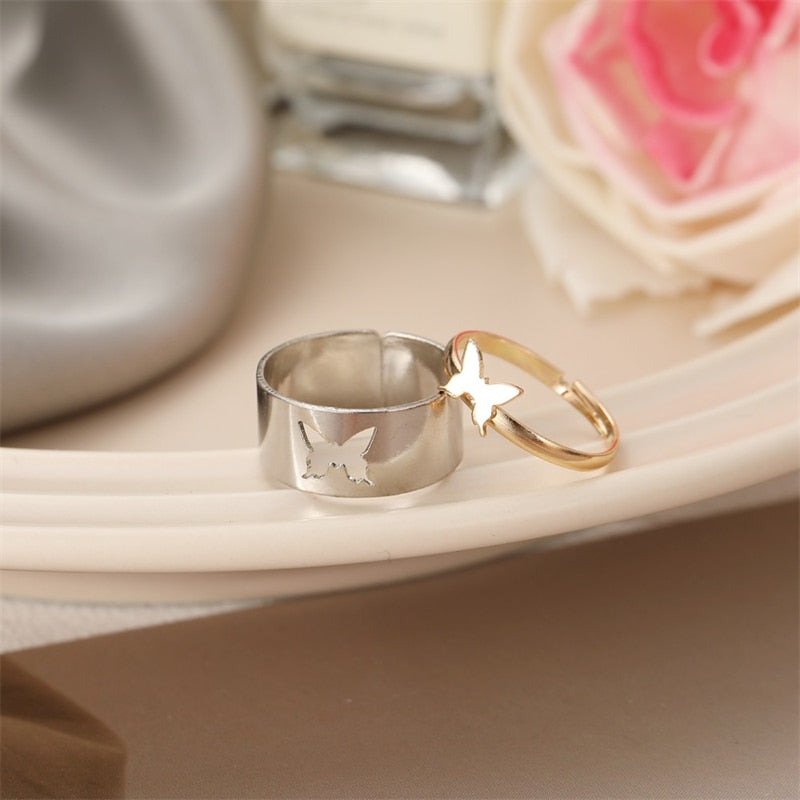 Trendy Silver Color Heart Butterfly Rings Set For Women Men Moon Star Dolphin Adjustable Open Finger Rings Set Party Jewelry