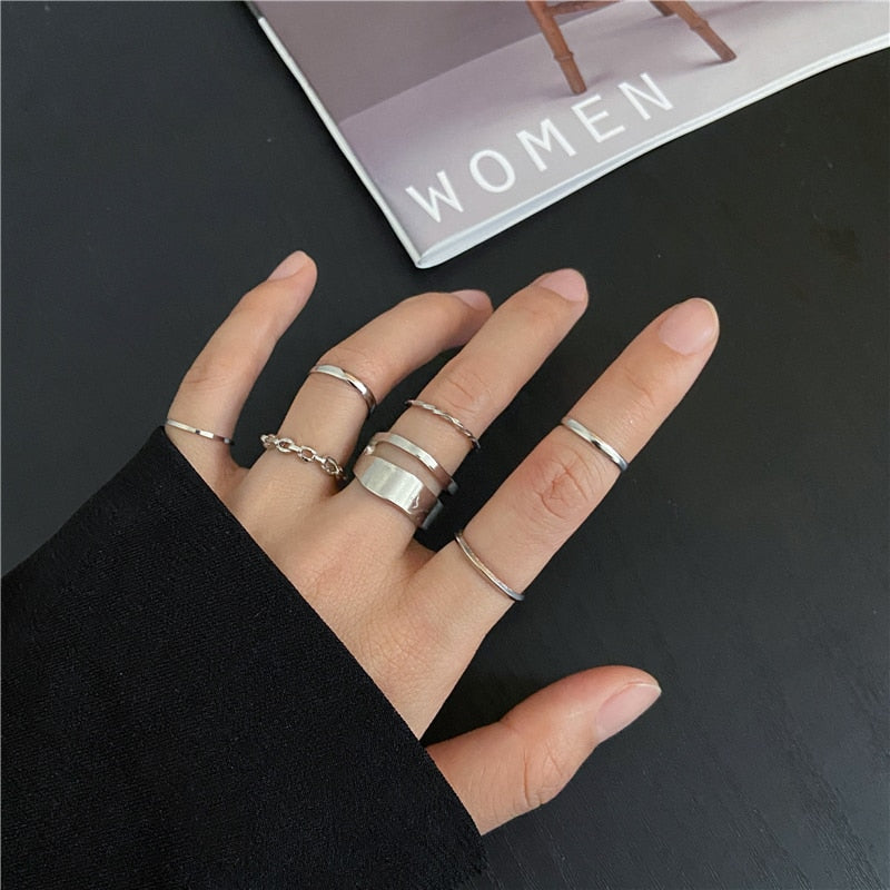 Trendy Silver Color Hip Pop Rings For Women Men Punk Cool Multi-layer Adjustable Open Finger Rings Set Party Gift Jewelry