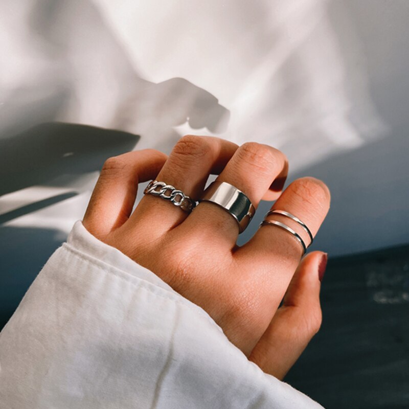 Trendy Silver Color Hip Pop Rings For Women Men Punk Cool Multi-layer Adjustable Open Finger Rings Set Party Gift Jewelry
