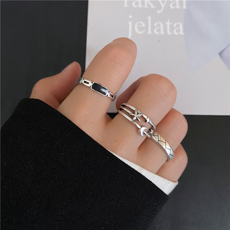 Trendy Silver Color Hip Pop Rings For Women Men Punk Cool Multi-layer Adjustable Open Finger Rings Set Party Gift Jewelry