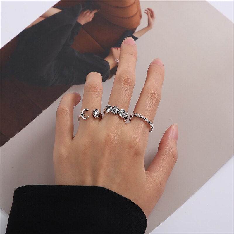 Trendy Silver Color Hip Pop Rings For Women Men Punk Cool Multi-layer Adjustable Open Finger Rings Set Party Gift Jewelry
