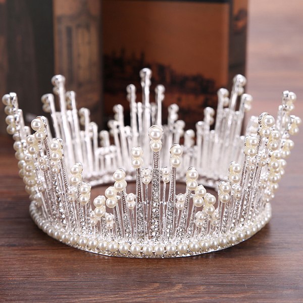 Trendy Silver Pearl Tiara Round Wedding Big Crowns For Bride Hair Accessories Crystal inlaid Queen Crown Wedding Hair Jewelry