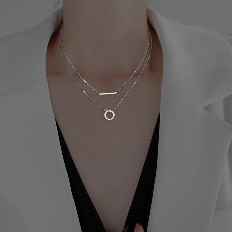 Trendy Silver Plated Double Layer Necklace Round Shiny Zircon Long Pendant Necklaces For Women Minimalist Fine Jewelry