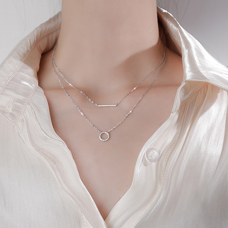Trendy Silver Plated Double Layer Necklace Round Shiny Zircon Long Pendant Necklaces For Women Minimalist Fine Jewelry