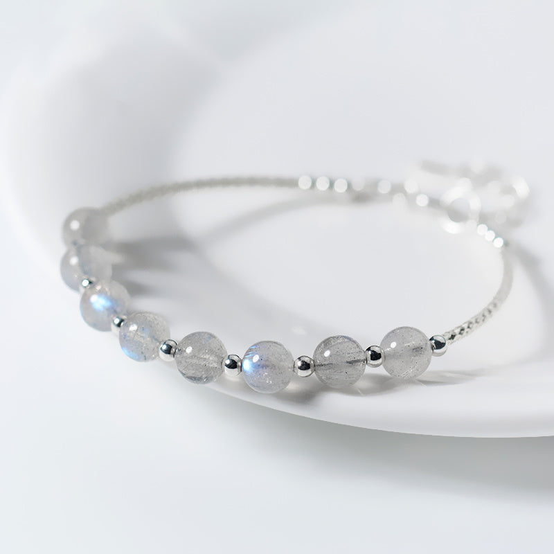 Trendy Simple Blue Light Moonstone Beads Bracelet Classic Natural Stone 925 Sterling Sliver Bracelet Fine Jewelry for Women Gift