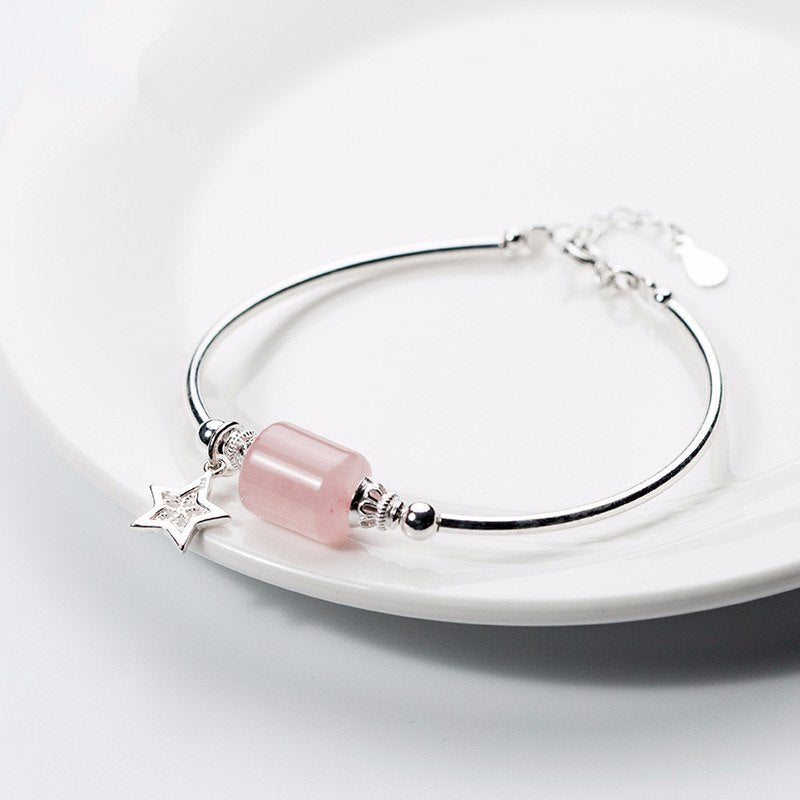 Trendy Simple Cylindrical Pink Crystal&Five-pointed Star Pendant Bracelet 925 Sterling Sliver Bracelet Fine Jewelry for Women