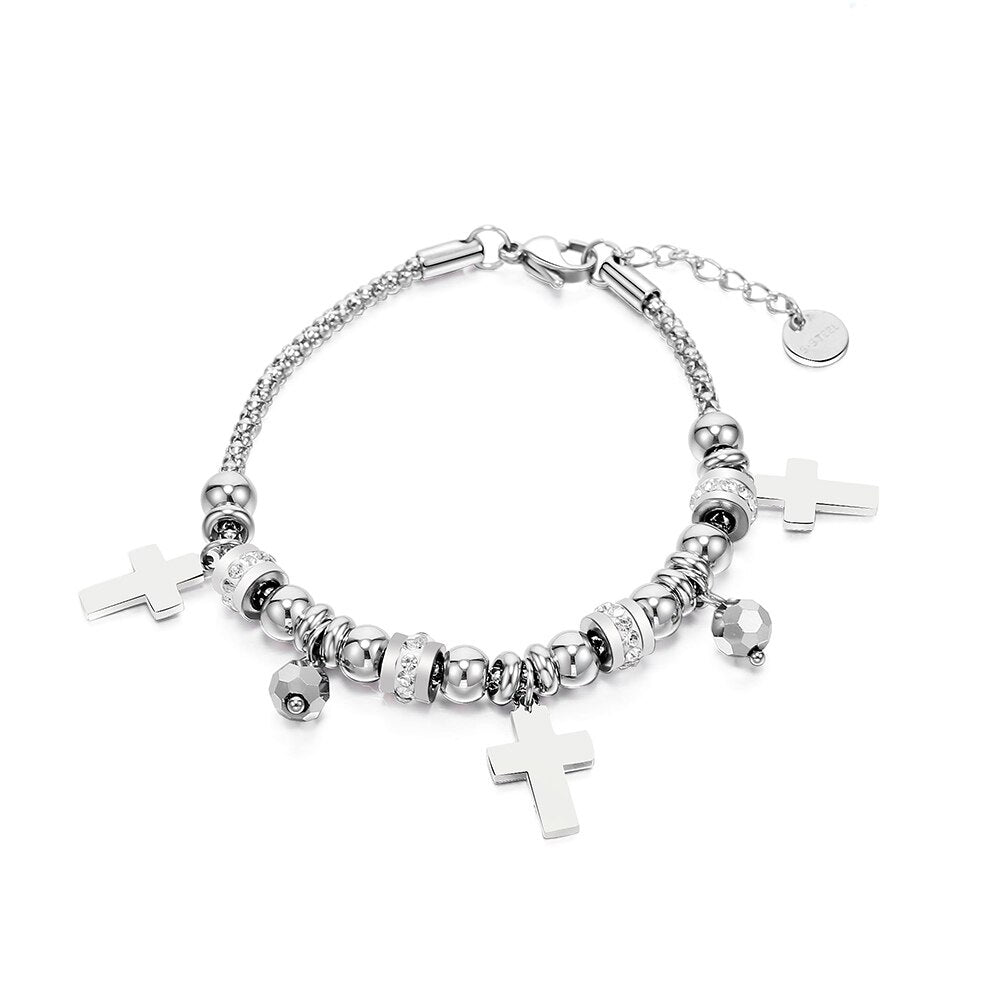 Trendy Stainless Steel Cross Pendant Bracelet for Women Jewelry Charm Bracelet Couples Gift Crystal Beads Chain Design 2022
