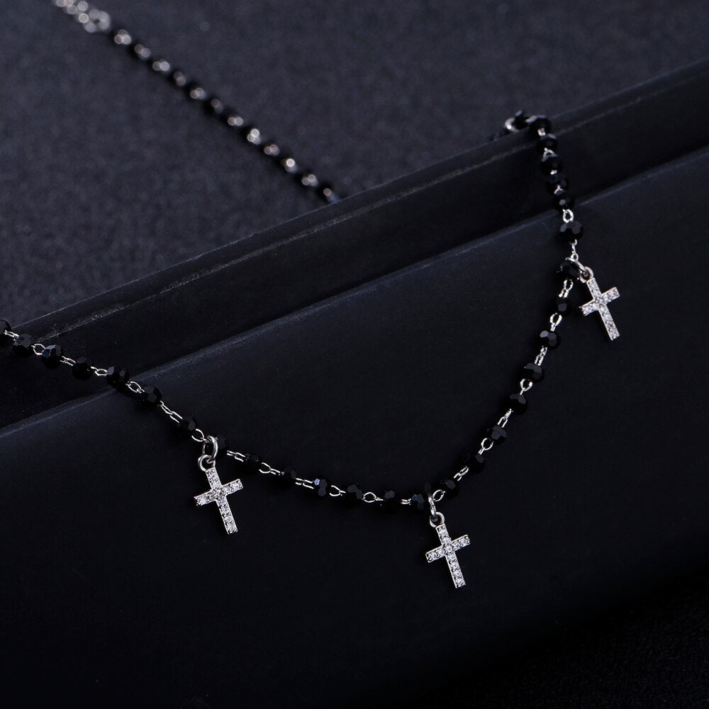 Trendy Stainless Steel Cross Pendant Necklace For Women Men  Crystal Black Beads Necklaces Gold/ Silvery  Choker Jewelry 2022