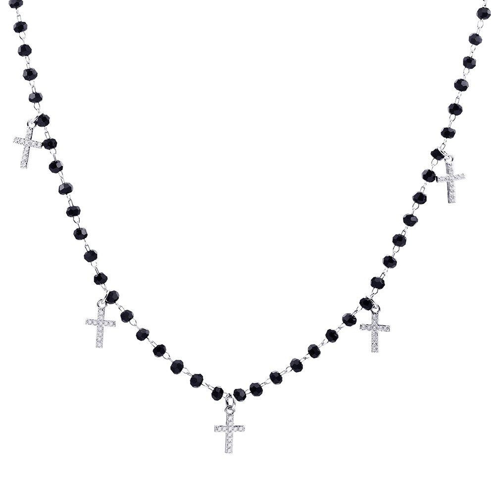 Trendy Stainless Steel Five Cross Pendant Necklace For Women Men Black Beads Long Necklaces Gold/ Silvery Sweater Chain Jewelry
