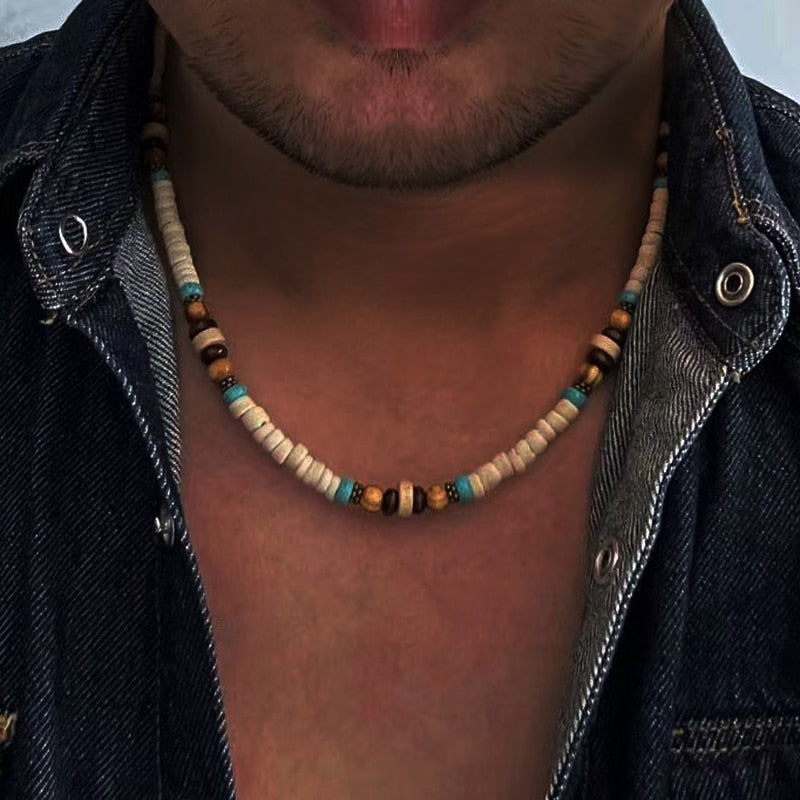 Trendy Summer Bohemia Ethnic White Coconut Surfer Necklace Men Tribal Jewelry Handmade Vintage Wooden Beads Necklace For Men