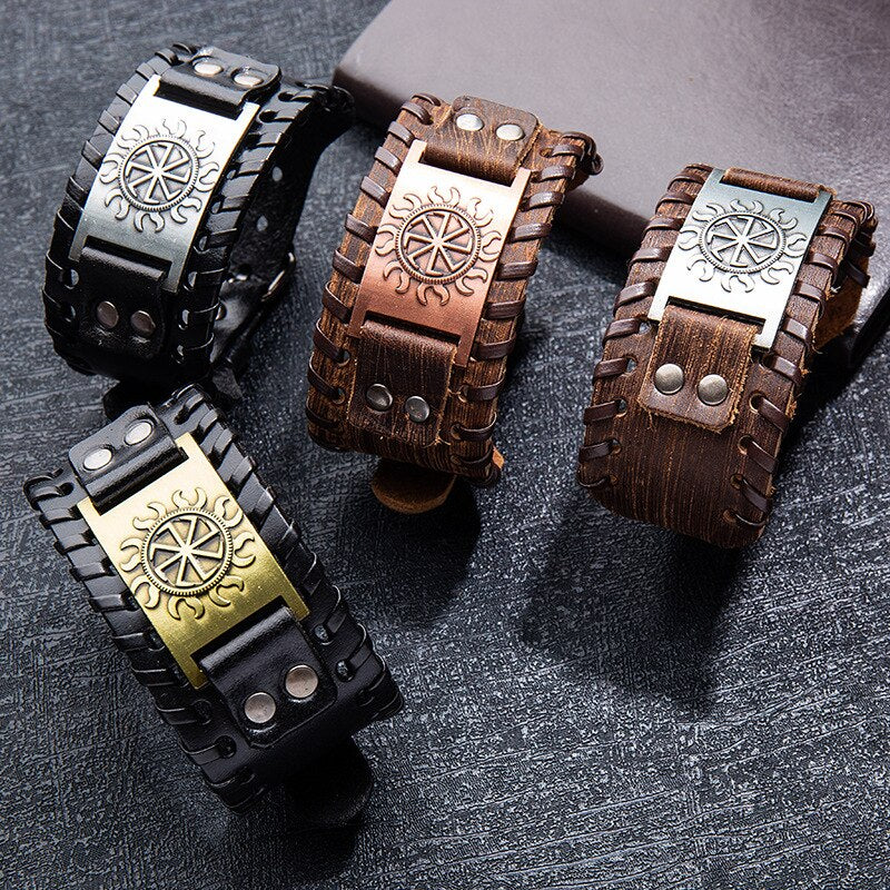 Trendy Totem Design Flame Symbol Thor Bracelet Men's Bracelet Genuine Leather Nordic Viking Accessories Party Jewelry