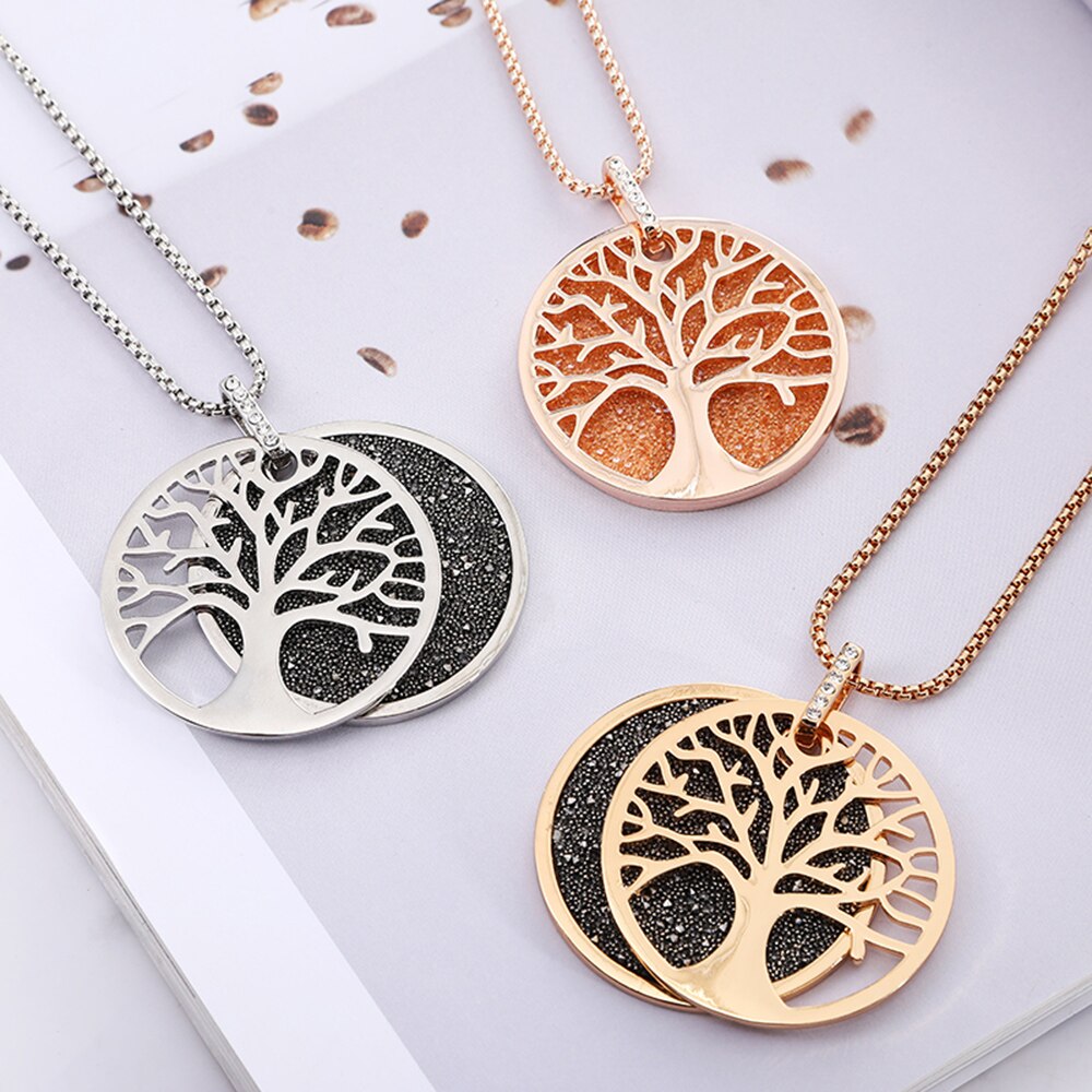 Trendy Tree Of Life Pendant Necklace For Woman Double Layer Black Golden Rhinestone Long Necklaces for Women Jewelry Gift
