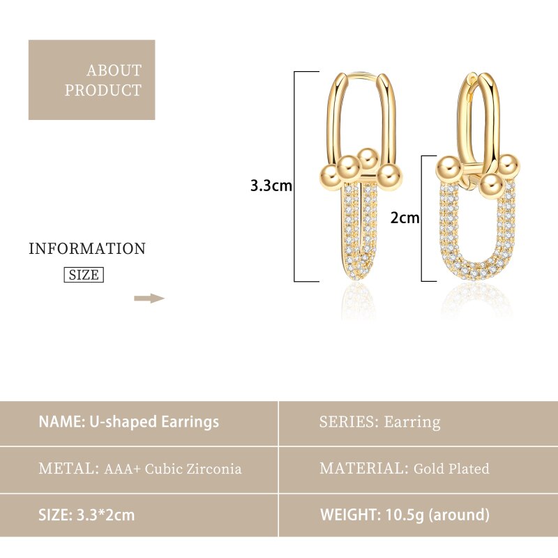 Trendy U Shap Lock Buckle Earrings for Women with CZ Stone Gold Silver Color Thick Link  Jewelry Gift