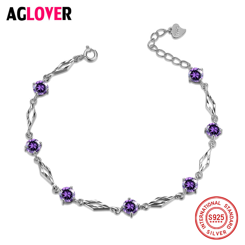 Trendy White/Purple Zircon 925 Sterling Silver Link Chain Charm Bracelets For Women   & Jewelry Bag