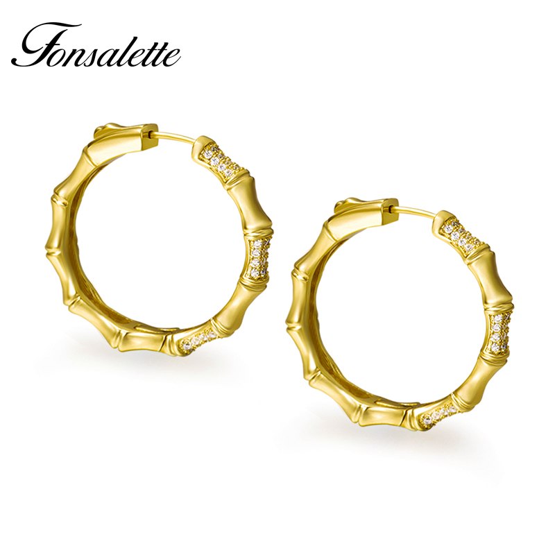 Trendy Woman Hoop earrings 925 Sterling Silver Post Earring Skinny Circle CZ Bamboo Shape ear Female Jewelry Wholesale Gift zk30