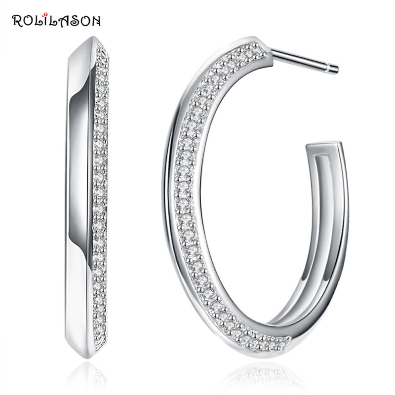 Trendy real 925 sterling silver created white topaz hoop earrings for girl fashion earring pure silver jewelry 6.8g SE11