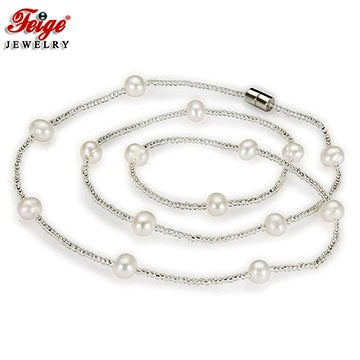 Trendy sweater chain white pearl necklaces natural cultivated for women's fine jewelry decoration suspension 6-7mm