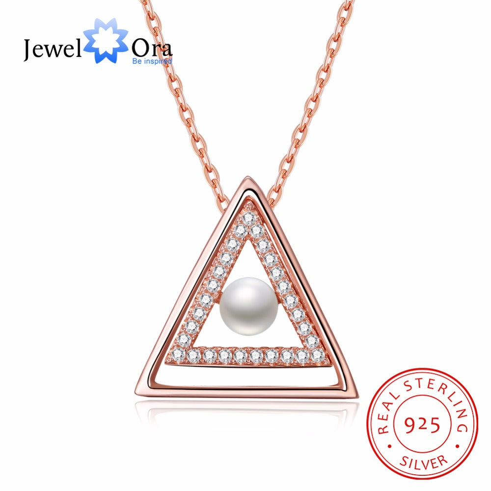 Triangle Design Simulated Pearl CZ 925 Sterling Silver Rose Gold Color Necklaces & Pendants For Women ( NE102425)