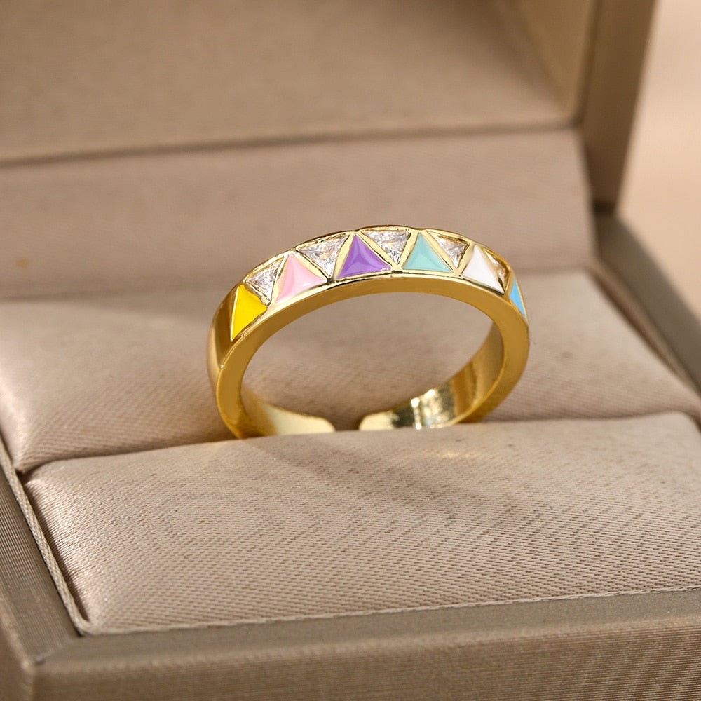 Triangular Square Colorful Zircon Rings For Women Boho Adjustable Opening Couple Ring Female Stainless Steel Aesthetic Jewelry