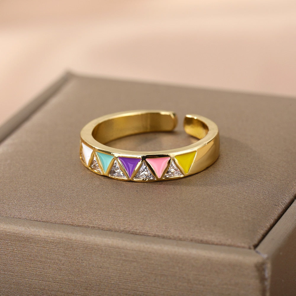 Triangular Square Colorful Zircon Rings For Women Boho Adjustable Opening Couple Ring Female Stainless Steel Aesthetic Jewelry