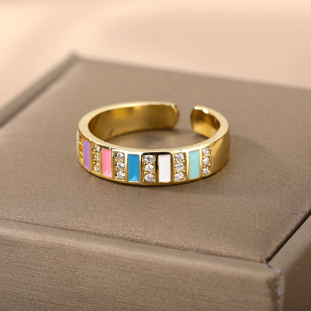 Triangular Square Colorful Zircon Rings For Women Boho Adjustable Opening Couple Ring Female Stainless Steel Aesthetic Jewelry