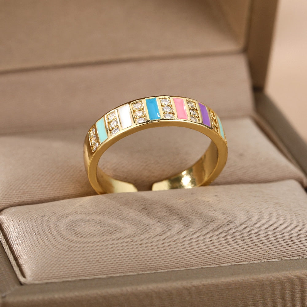 Triangular Square Colorful Zircon Rings For Women Boho Adjustable Opening Couple Ring Female Stainless Steel Aesthetic Jewelry