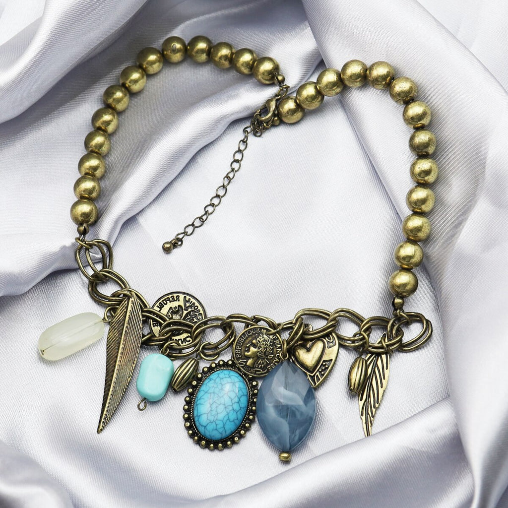 Tribal Boho Coin Feather Leaf Gem Stone Charms Heart Bib Collar Choker Necklace Wedding Bridal Vintage Statement Gift Graduation